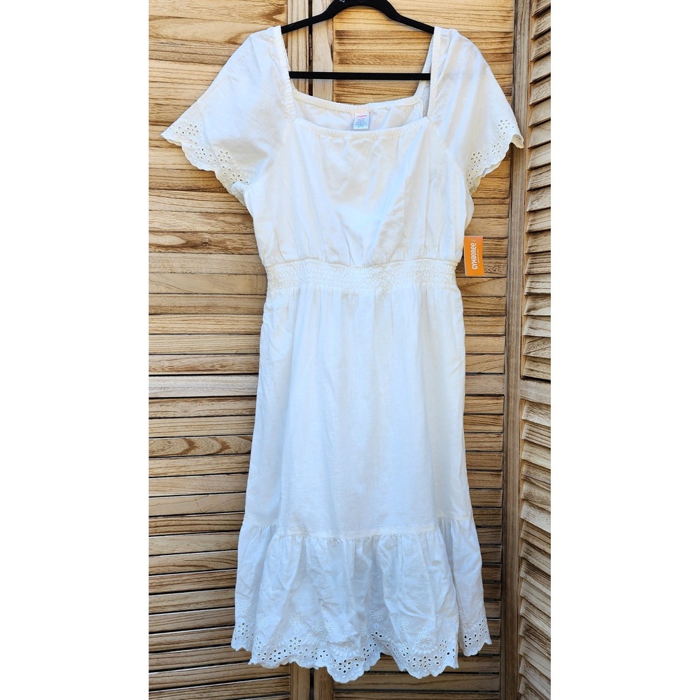 NWT Gymboree LARGE White Linen Cotton Eyelet Midi Dress Smocked Square Neck Boho